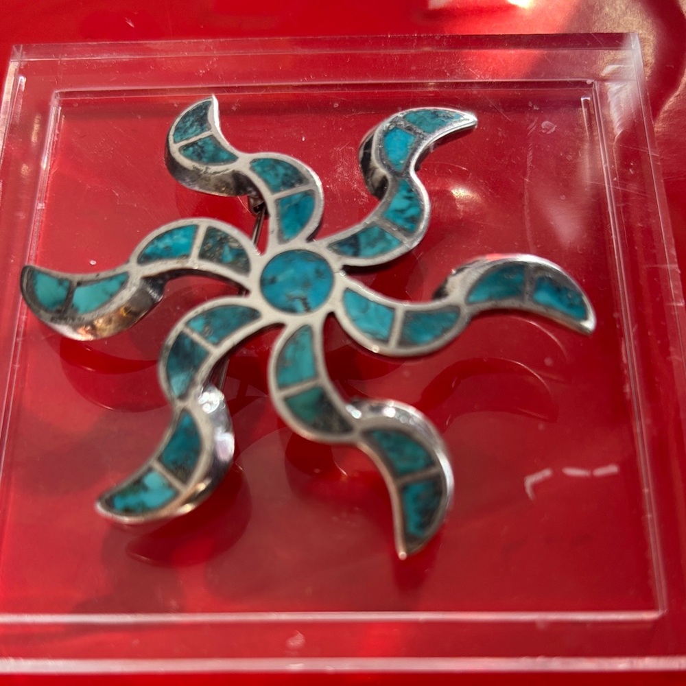 Turquoise and Silver Swirl Brooch